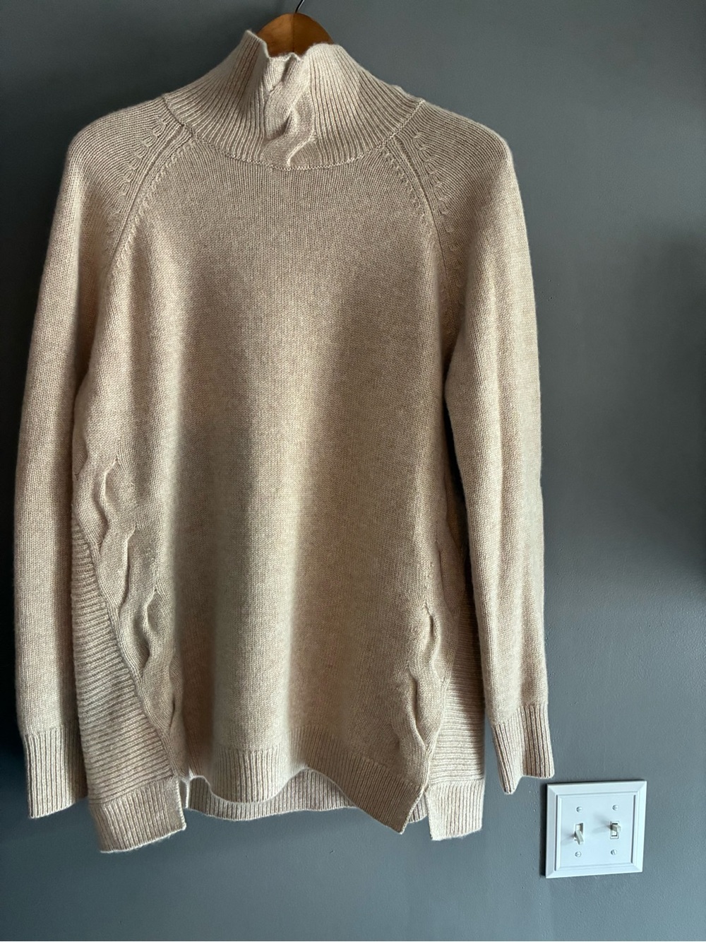 Garnet Hill Tan Cashmere Cable-Accent Turtleneck Sweater